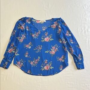LOFT Blue Floral V-Neck Long Sleeve Blouse